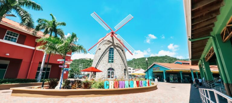 The Visitor Center, housed in a windmill, at the Crown Bay Center at the cruise port of Charlotte Amalie, St. Thomas, US Virgin Islands