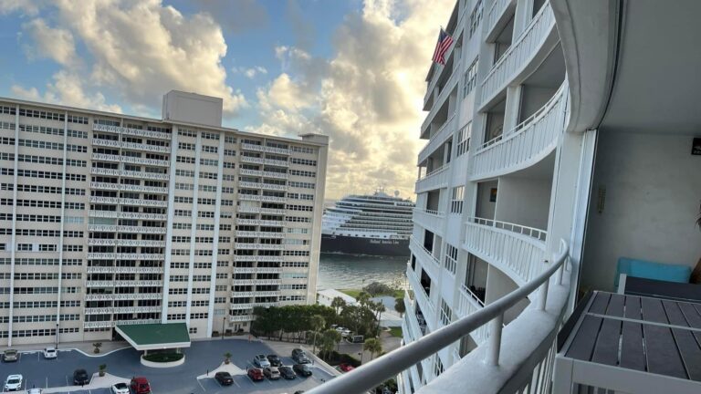 A view from a high rise balcony in Ft. Lauderdale, Florida shows a Holland America cruise ship in the distance