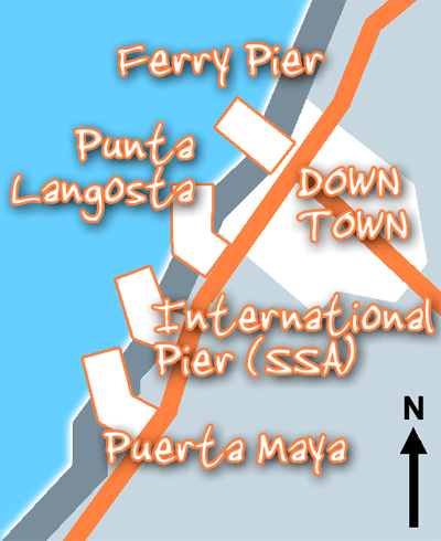 A map detailing the three cruise piers in Cozumel, Mexico