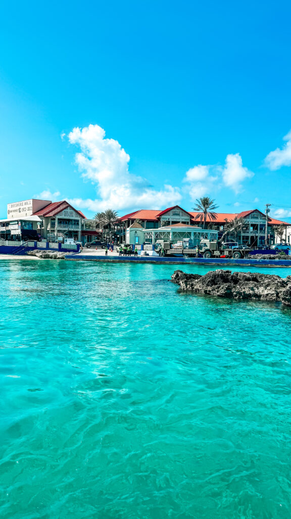 The Grand Cayman cruise port, viewed from a watter shuttle tendering cruisers to shore