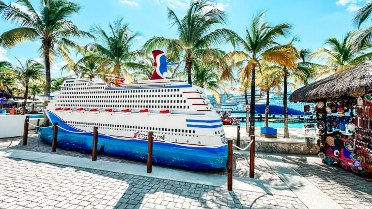 A replica Carnival cruise ship statue at the Puerta Maya cruise pier in Cozumel, Mexico