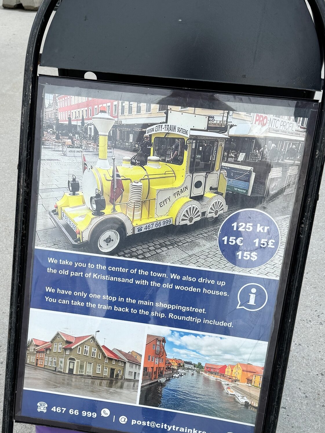 A sign at the Kristiansand, Norway cruise port advertises the City Train. 