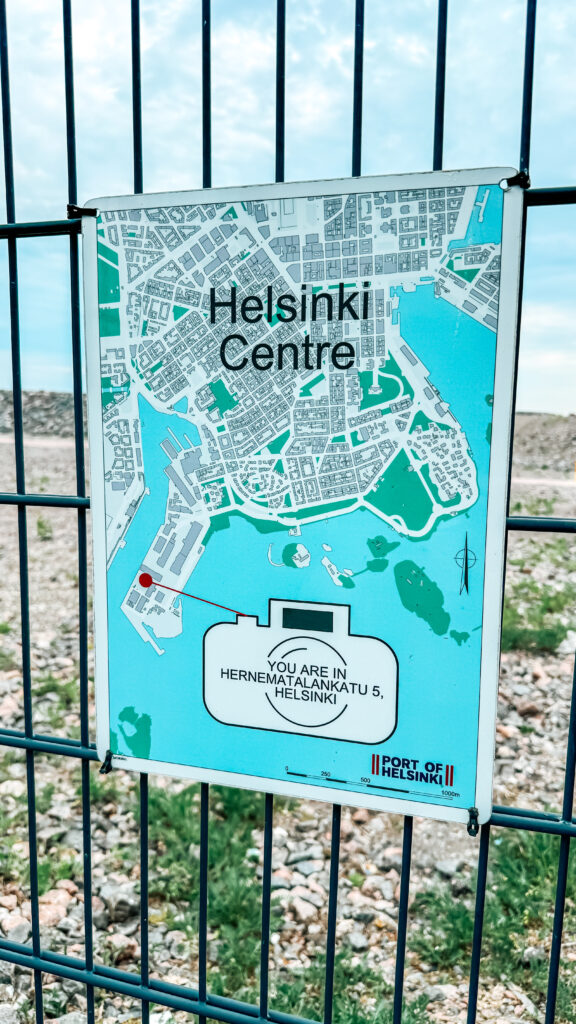 A map of Helsinki city center displayed on a sign at the Port of Helsinki