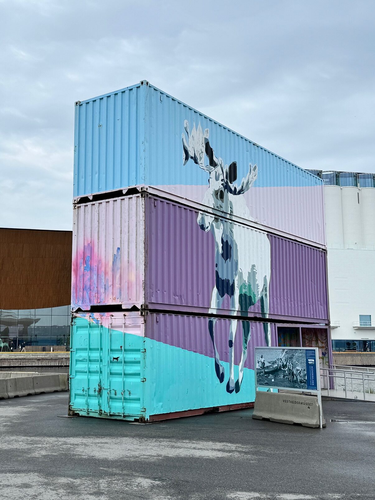 A colorful mural painted on shipping containers greets visitors at the Kristiansand, Norway cruise port.