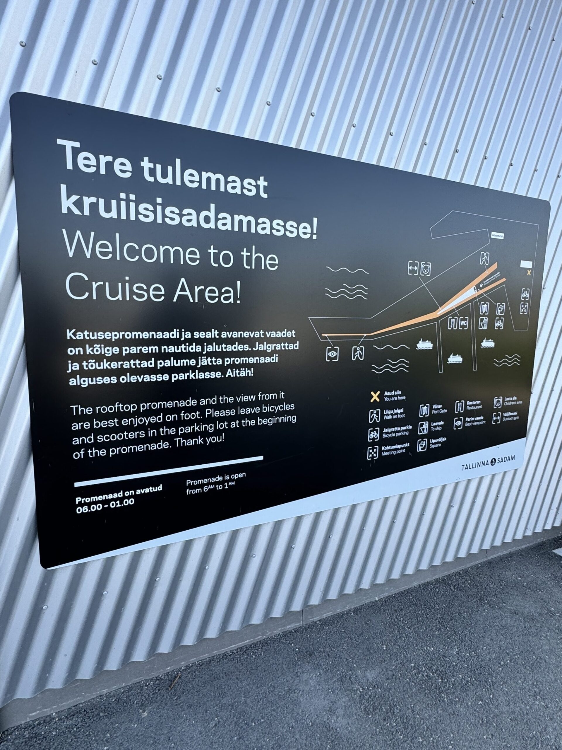 A sign at the Tallinn Cruise Port greets visitors getting off cruise ships.