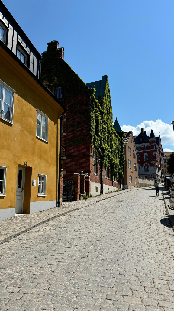 A cobblestone street in a charming town lined with historic buildings.