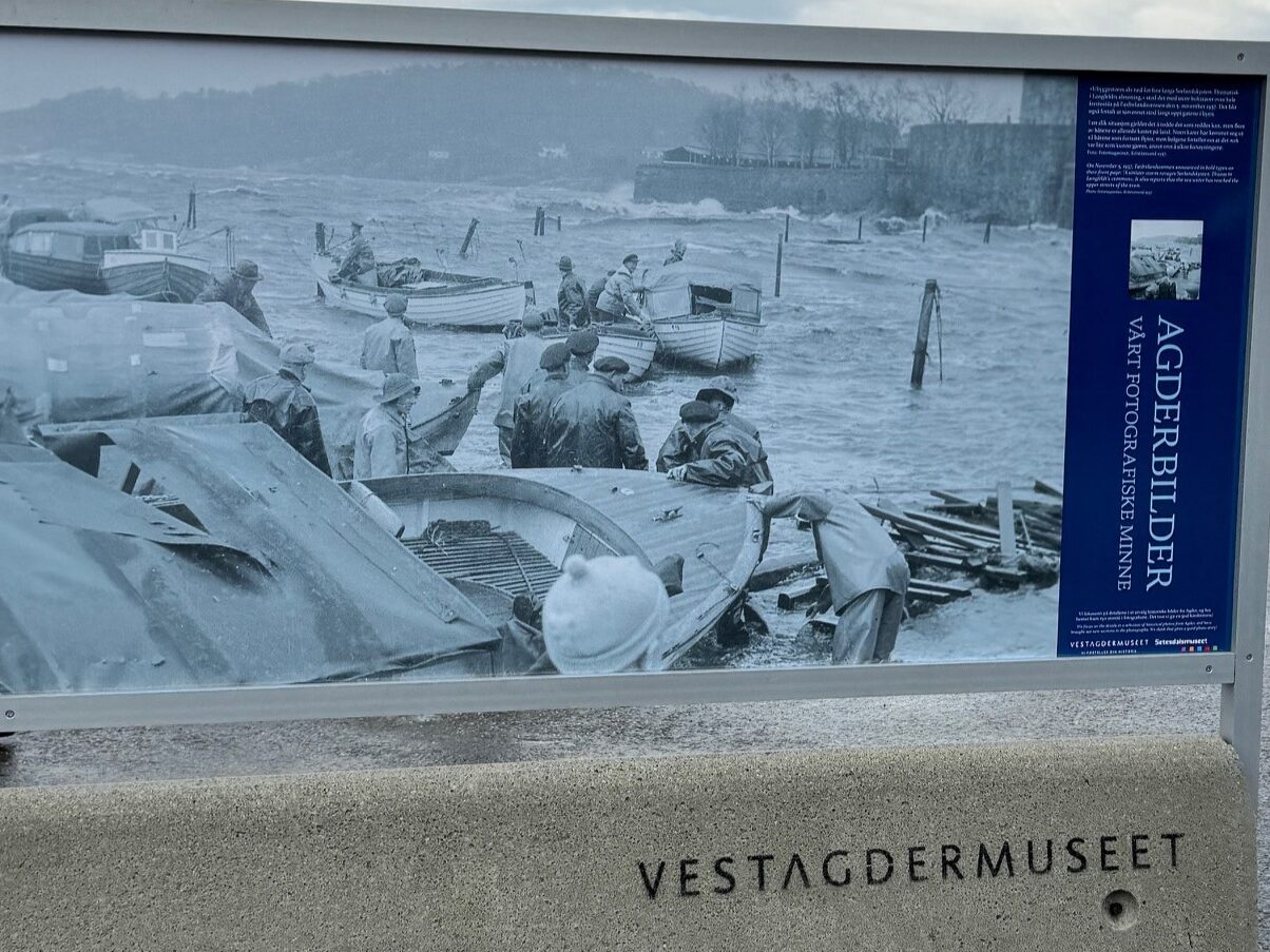 A sign at the Kristiansand, Norway cruise port advertises its popular Vest-Agder Museum, otherwise known as the "Kristiansand Museum".