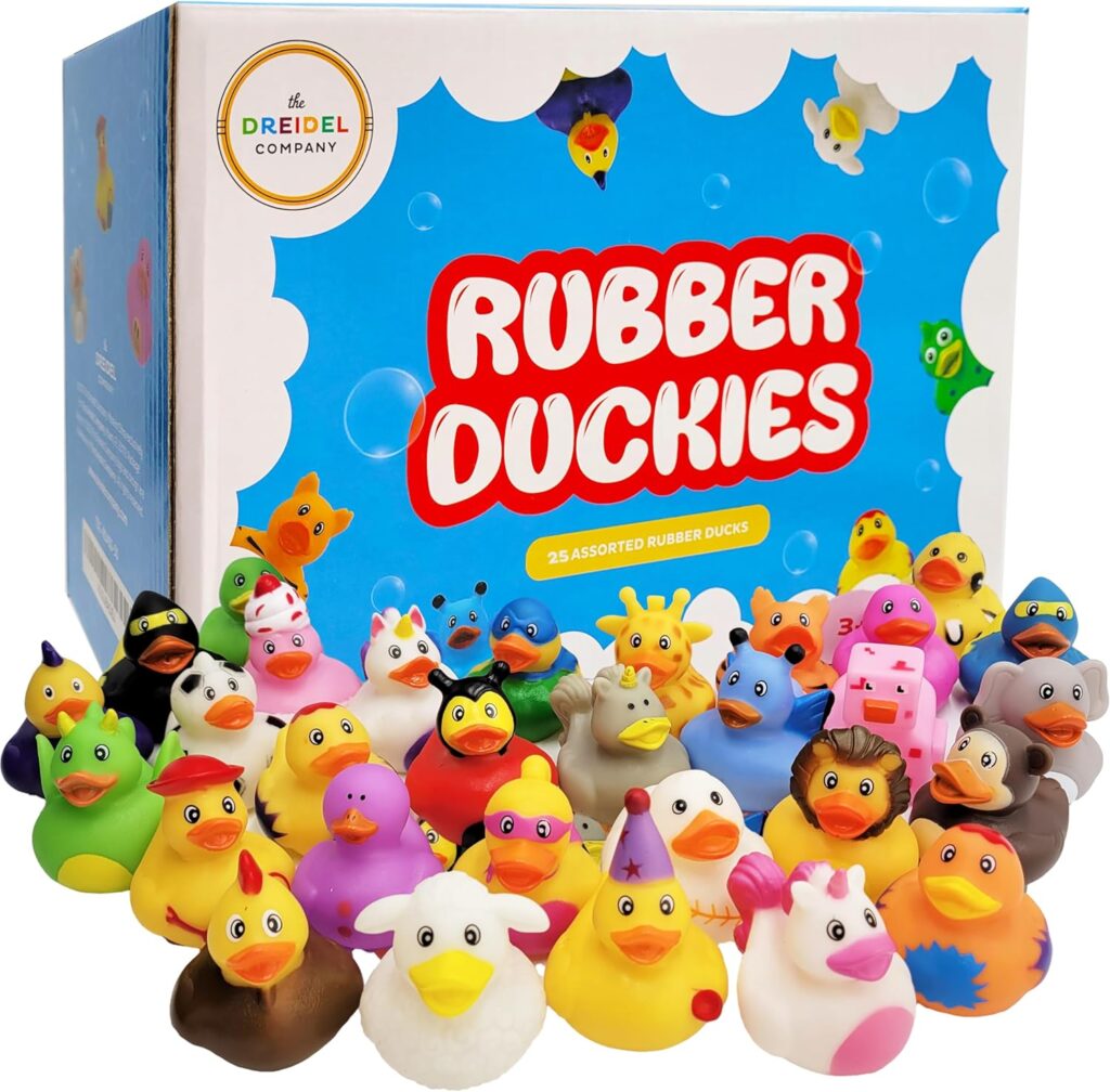 A colorful box with rubber duckies inside