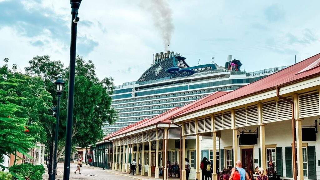 large cruise ship docked at a port