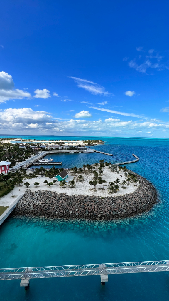 A stunning aerial view of a small, palm-lined island surrounded by clear blue waters.